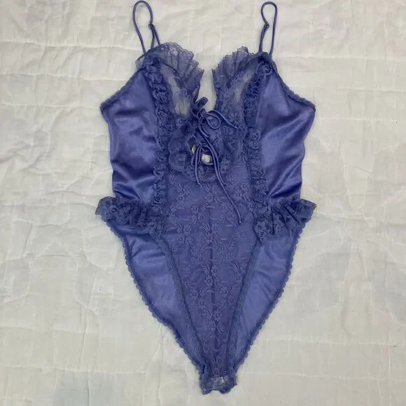 Vintage Lingere Delicates Lavender 80s Teddy Lacy Leotard Nightie Womens M - Picture 3 of 8